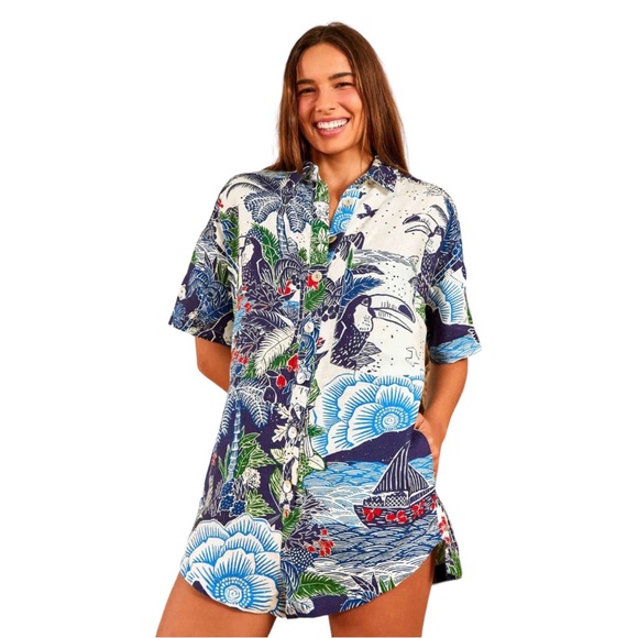 FARM Rio Pants - Farm Rio Blue Linen Graphic Rio Romper | US Woman’s Medium